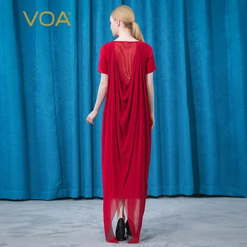 VOA Silke Jacquard Sunset Red Prom Dress O-Hals, Korte Ærmer Tre-dimensionelle Fold Lyse Linje Dekorative Party Kjoler AE893