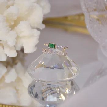 Fine Smykker 14K Forgyldt Justerbar Crystal Ringe til Kvinder Enkle Stil Grønne Cubic Zircon Geometriske Ringe