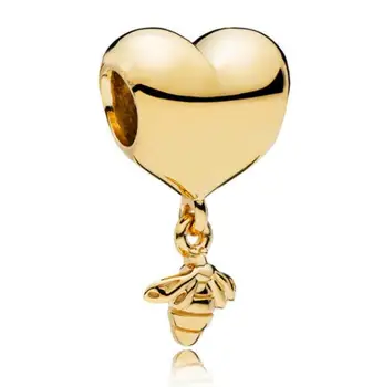 Ægte 925 Sterling Sølv Charm Guld Farve Skinne Kærlighed Hjerte Hængende Bee Perler Passer Pan Armbånd & Halskæde Diy Smykker