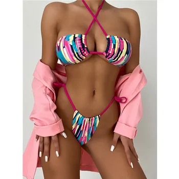 Kvinder Stribet Delt Badedragt Sæt Halterneck Bikini + Tie-up Brasilianske Trusser g-streng Micro Bikini Kvindelige Sommer Strandtøj Svømmetur Kulør